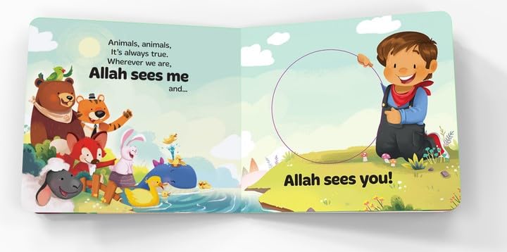 Children's book open to a page with a boy and animals on a grassy field with a blue sky.