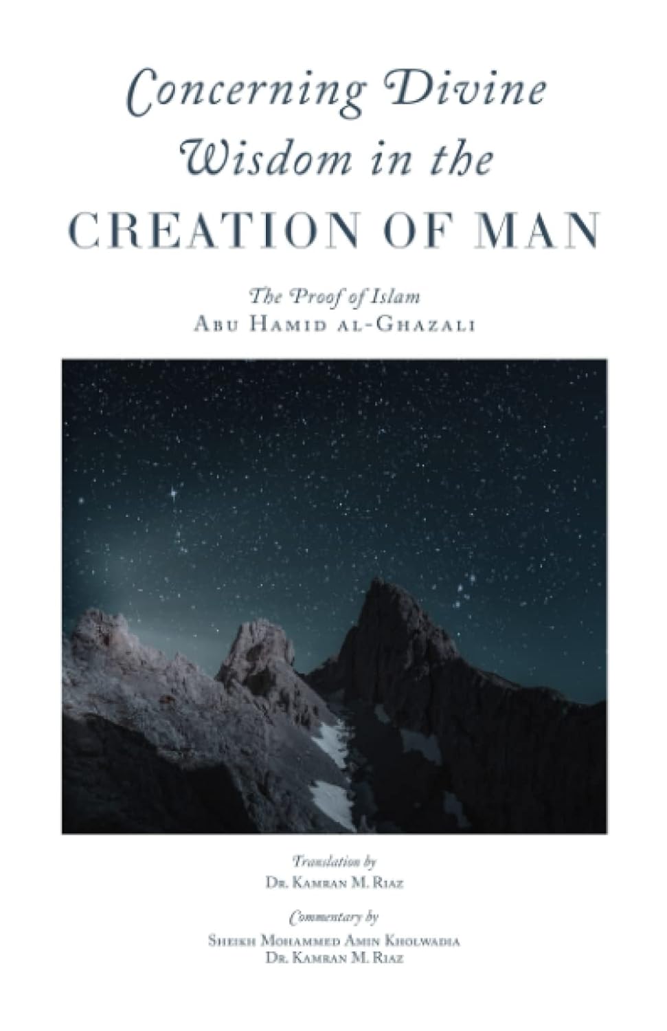 Book cover of 'Concerning Divine Wisdom in the Creation of Man' with mountain landscape and starry sky.