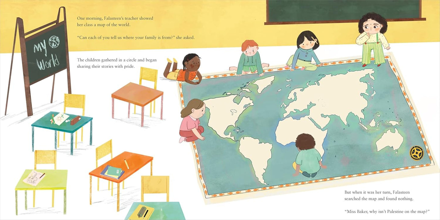 Illustration of children in a classroom with a world map on the floor.