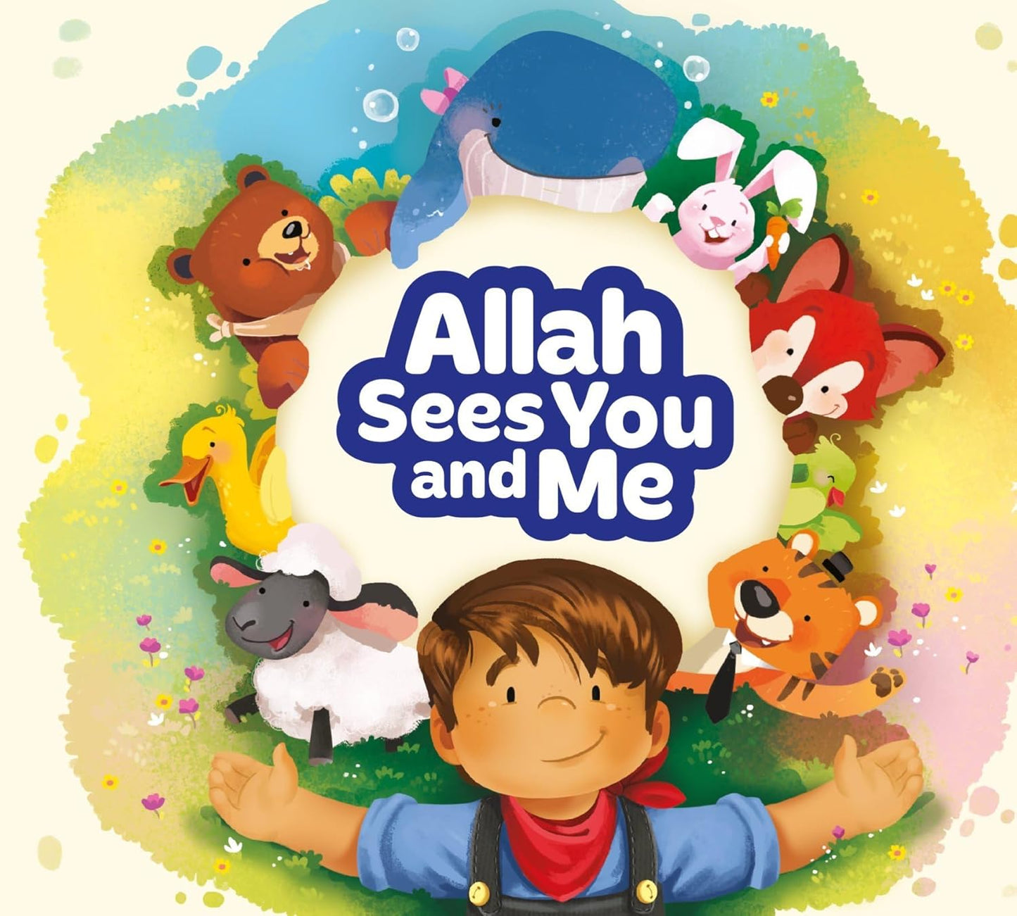 Children's book cover with cartoon characters and text 'Allah Sees You and Me'.