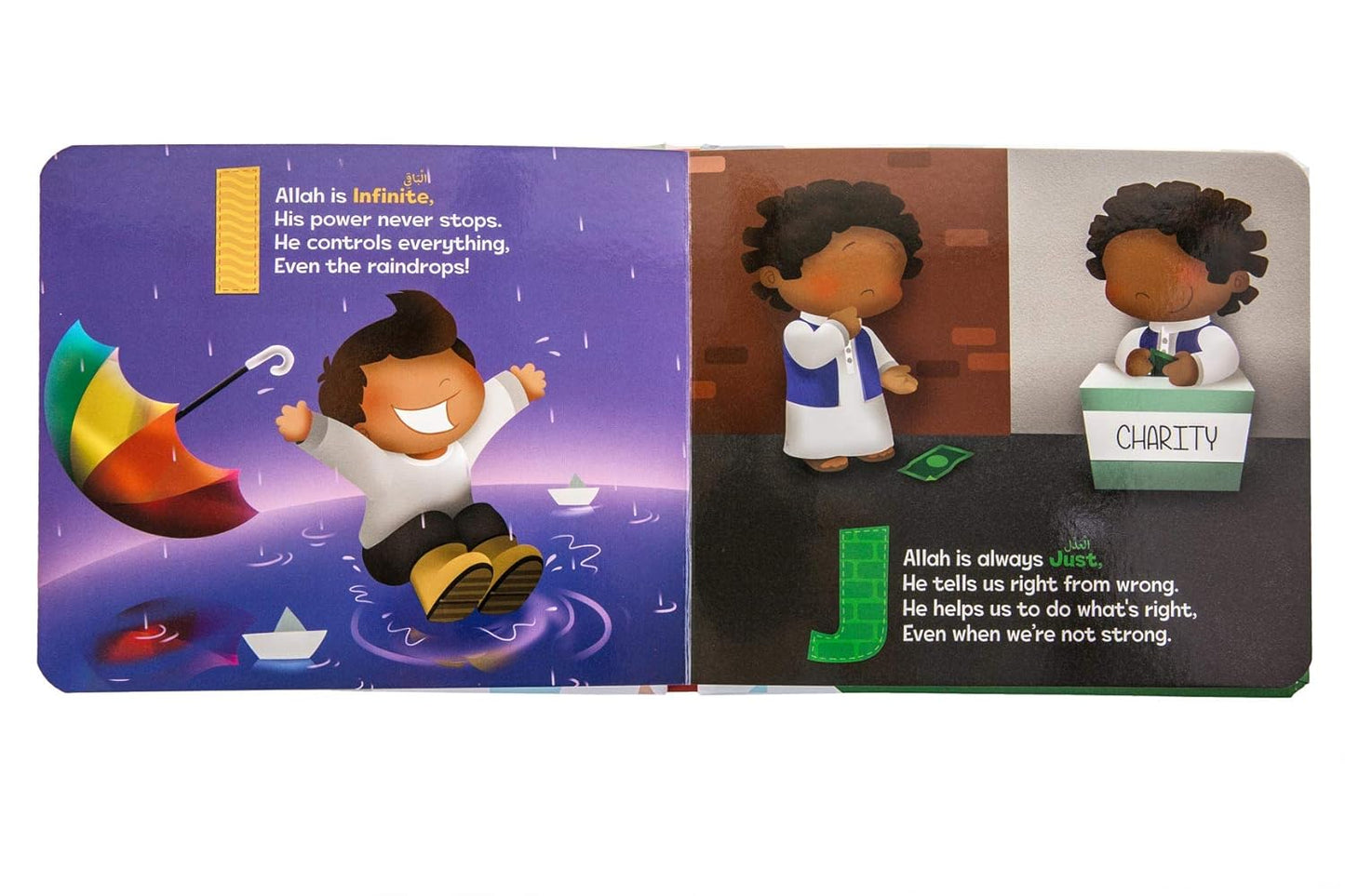 Children's book with illustrations and text about Allah, featuring a character with a rainbow umbrella and another with a box labeled 'Charity'.