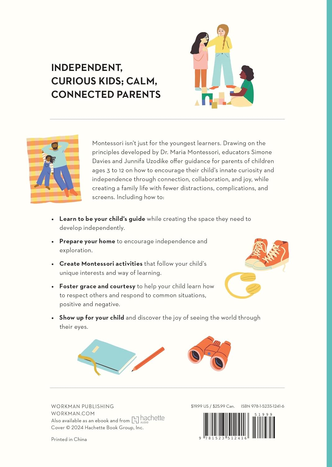 Back cover of a Montessori educational guide or booklet from Worxham Publishing, featuring a white background with black text, a teal vertical band on the right, small illustrations of children and objects, and a barcode at the bottom.