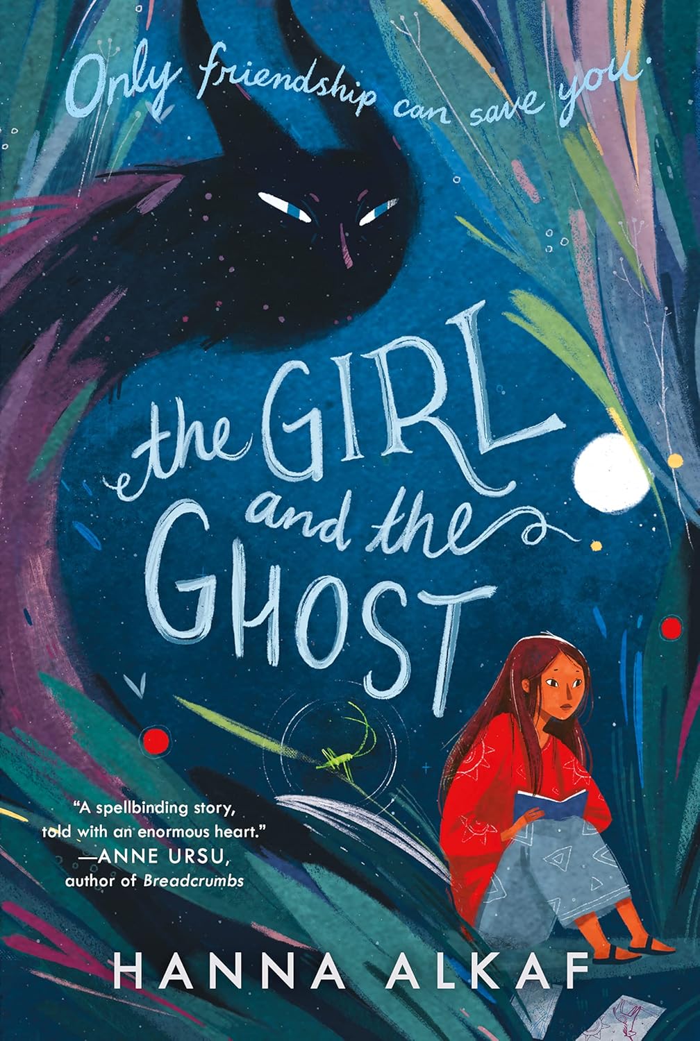 Book cover of 'The Girl and the Ghost' with a black cat and a girl sitting under a starry sky.