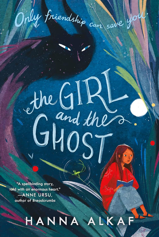 Book cover of 'The Girl and the Ghost' with a black cat and a girl sitting under a starry sky.