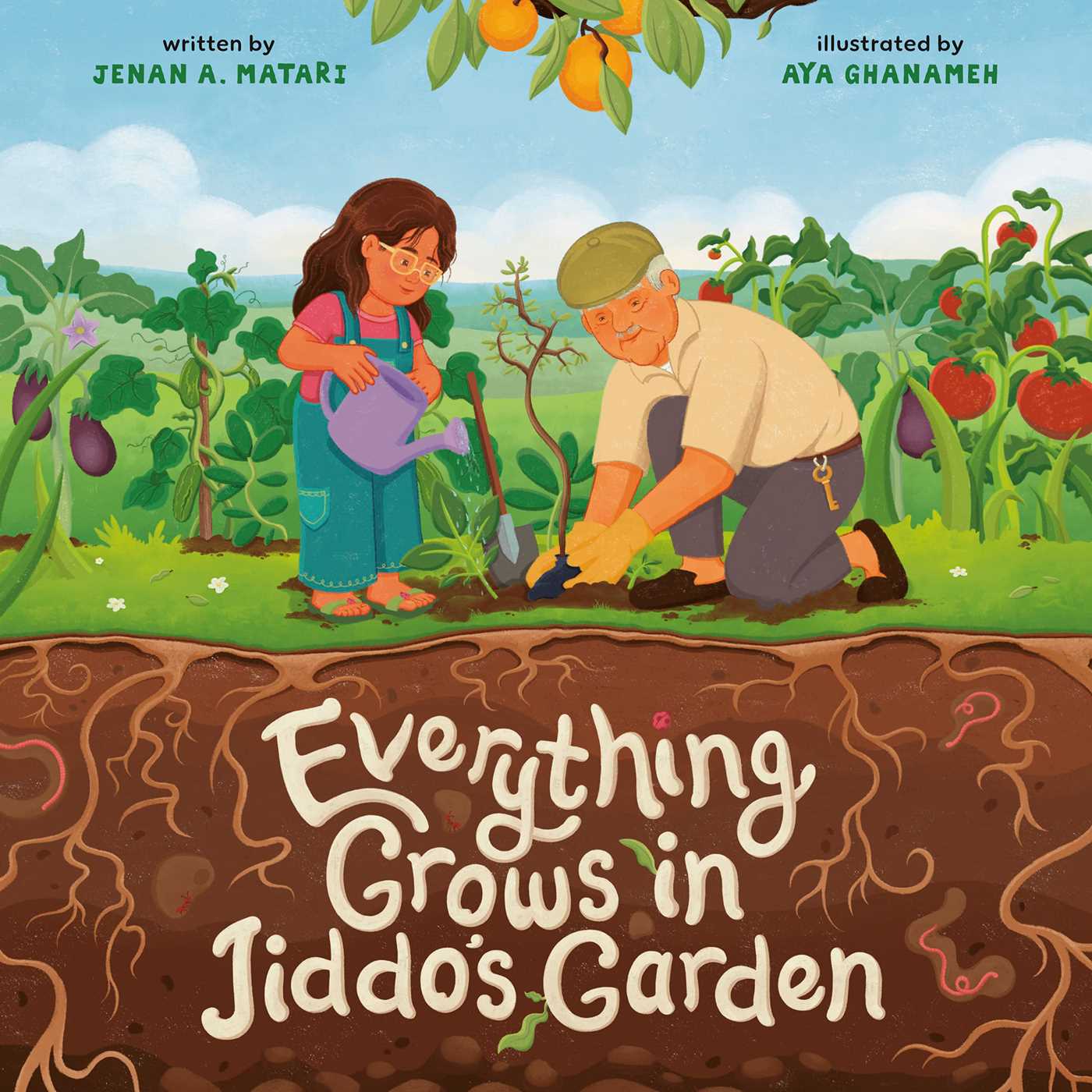 Book cover of 'Everything Grows in Jiddo's Garden' with an old man and a young girl gardening.