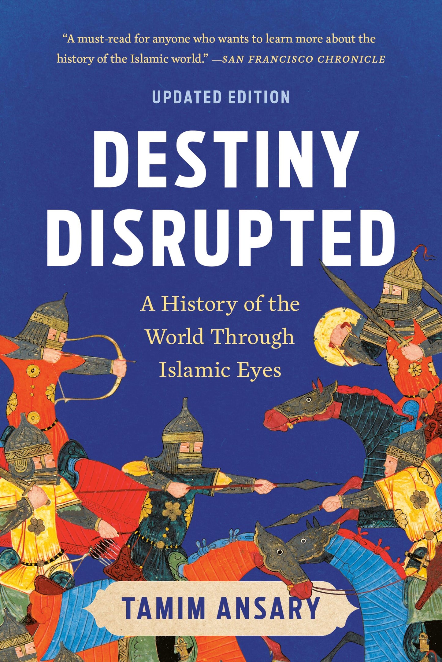 Book cover of 'Destiny Disrupted' with illustrations of people and architecture on a blue background