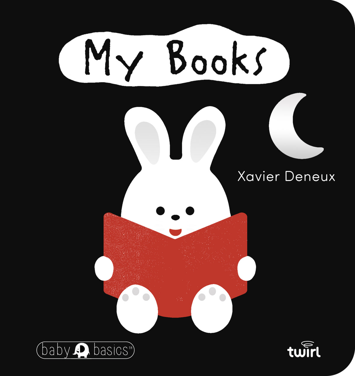 Book cover with a cartoon rabbit reading a book, titled 'My Books' by Xavier Deneux.