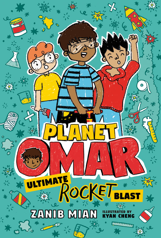 Book cover of 'Planet Omar: Ultimate Rocket Blast' with three children and various objects on a blue background.