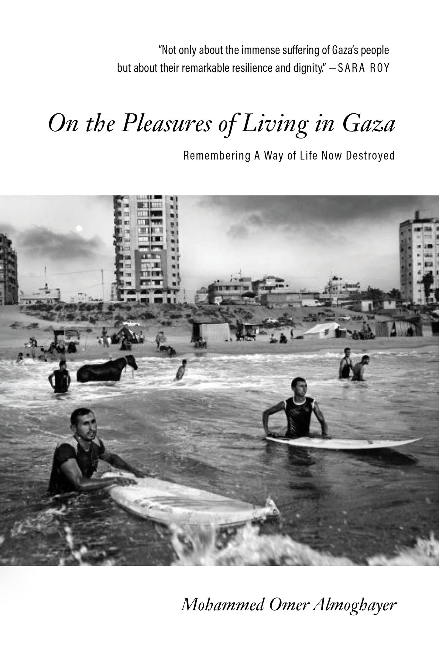Book cover of 'On the Pleasures of Living in Gaza' with black and white photo of people in water.