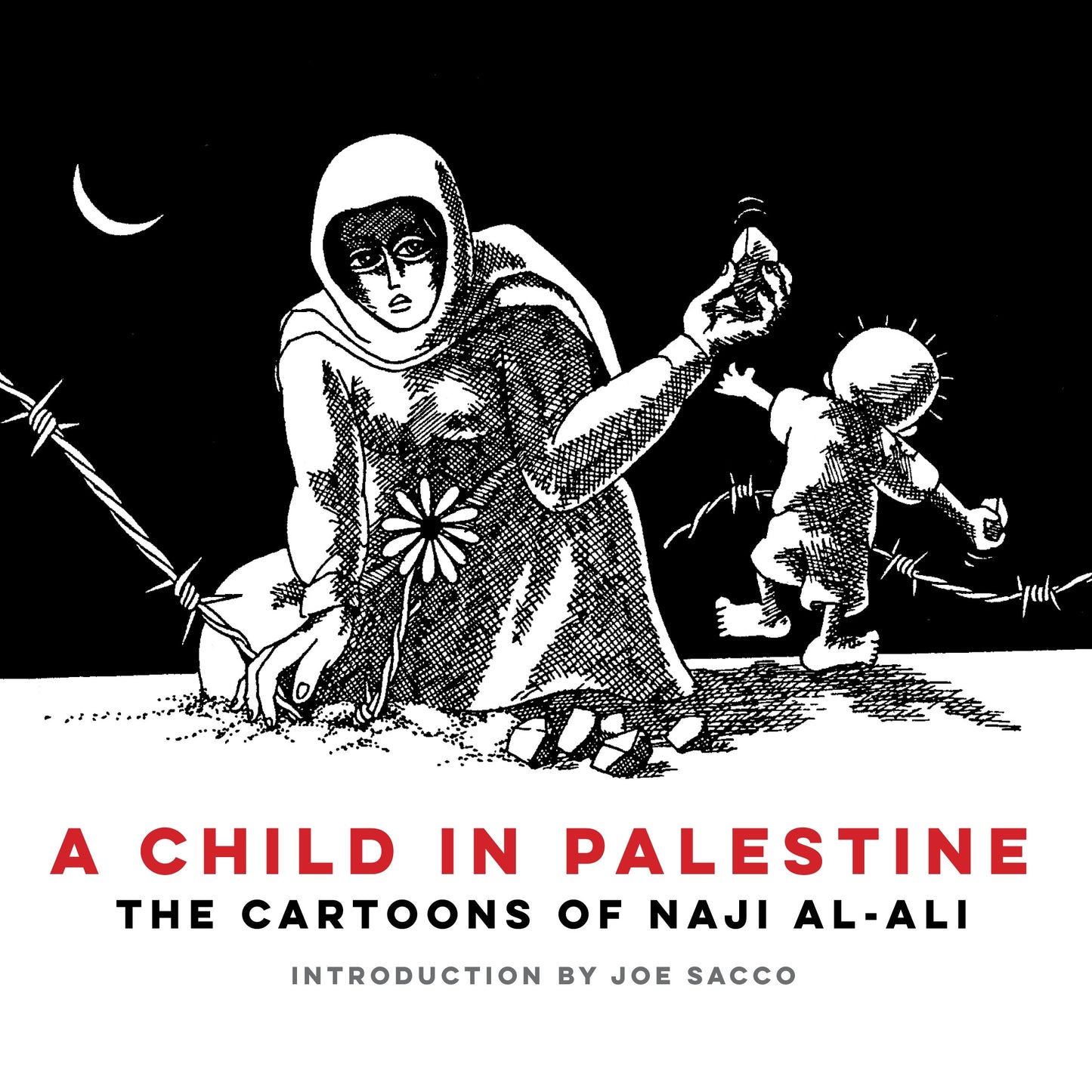 Book cover of 'A Child in Palestine' with a black and white illustration and text.
