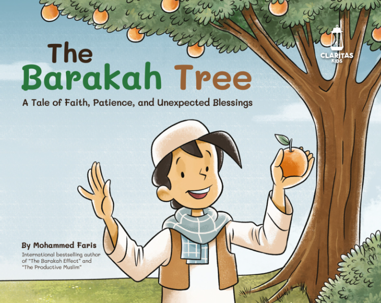 Boy holding orange in front of a tree