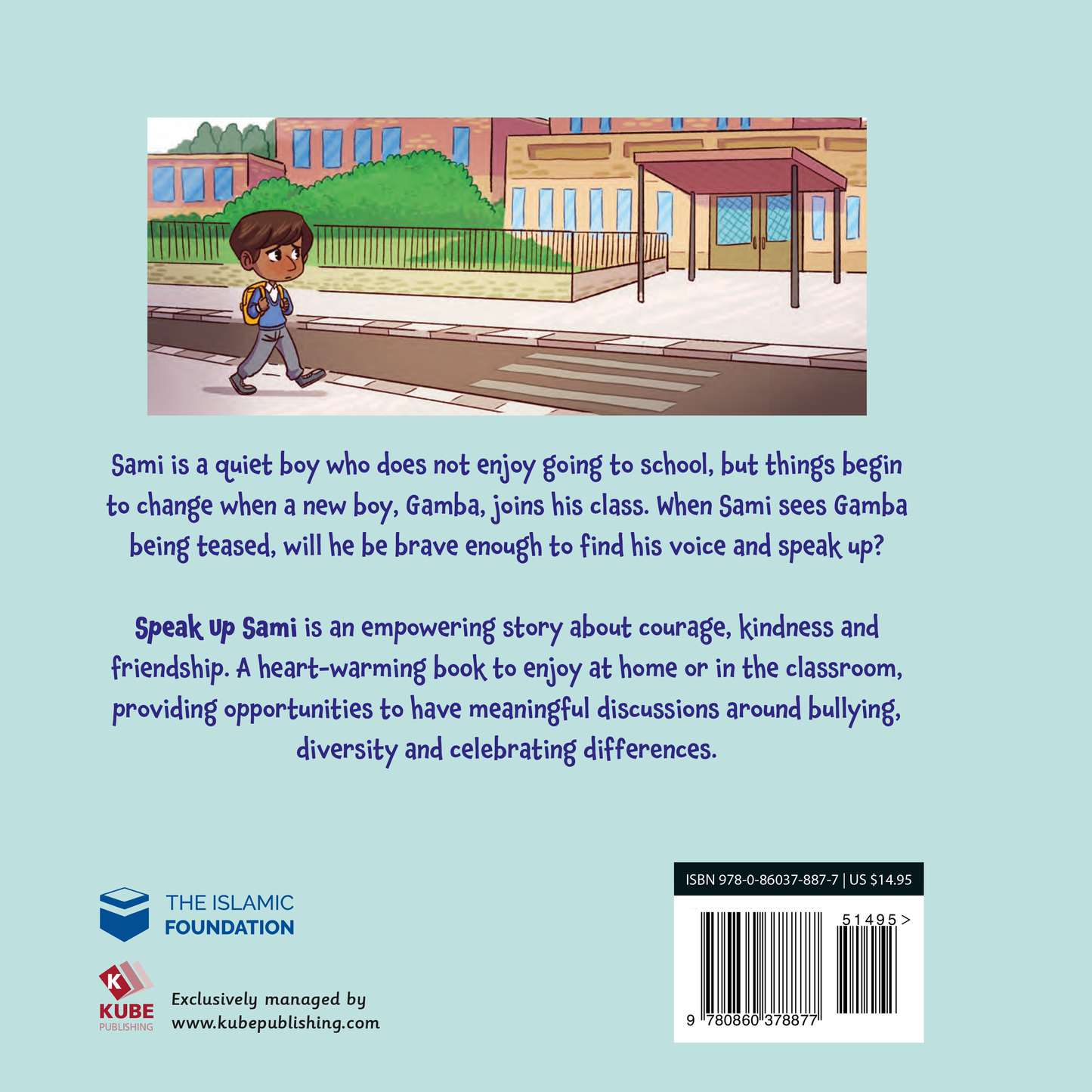 Bookback with illustration of a boy walking and text about a story of courage and kindness.
