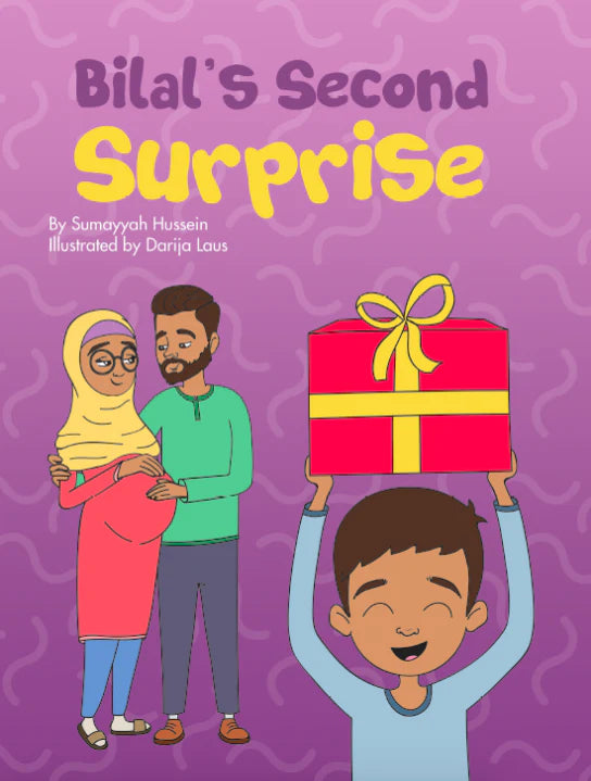 Book cover of 'Bilal's Second Surprise' with a purple background and illustrations of a family holding a gift.