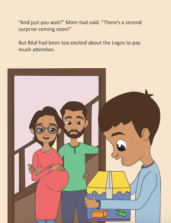 Illustration of a boy holding a toy box with his parents in the background, on a beige background.
