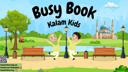 Cartoon children playing in a park with 'Busy Book Kalam Kids' text.