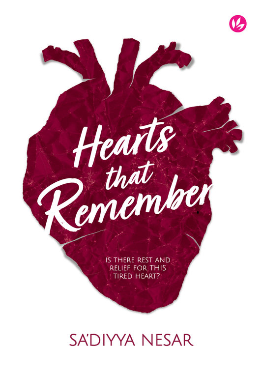Book cover of 'Hearts that Remember' by Sadiyya Nesar with a red heart design on a white background.