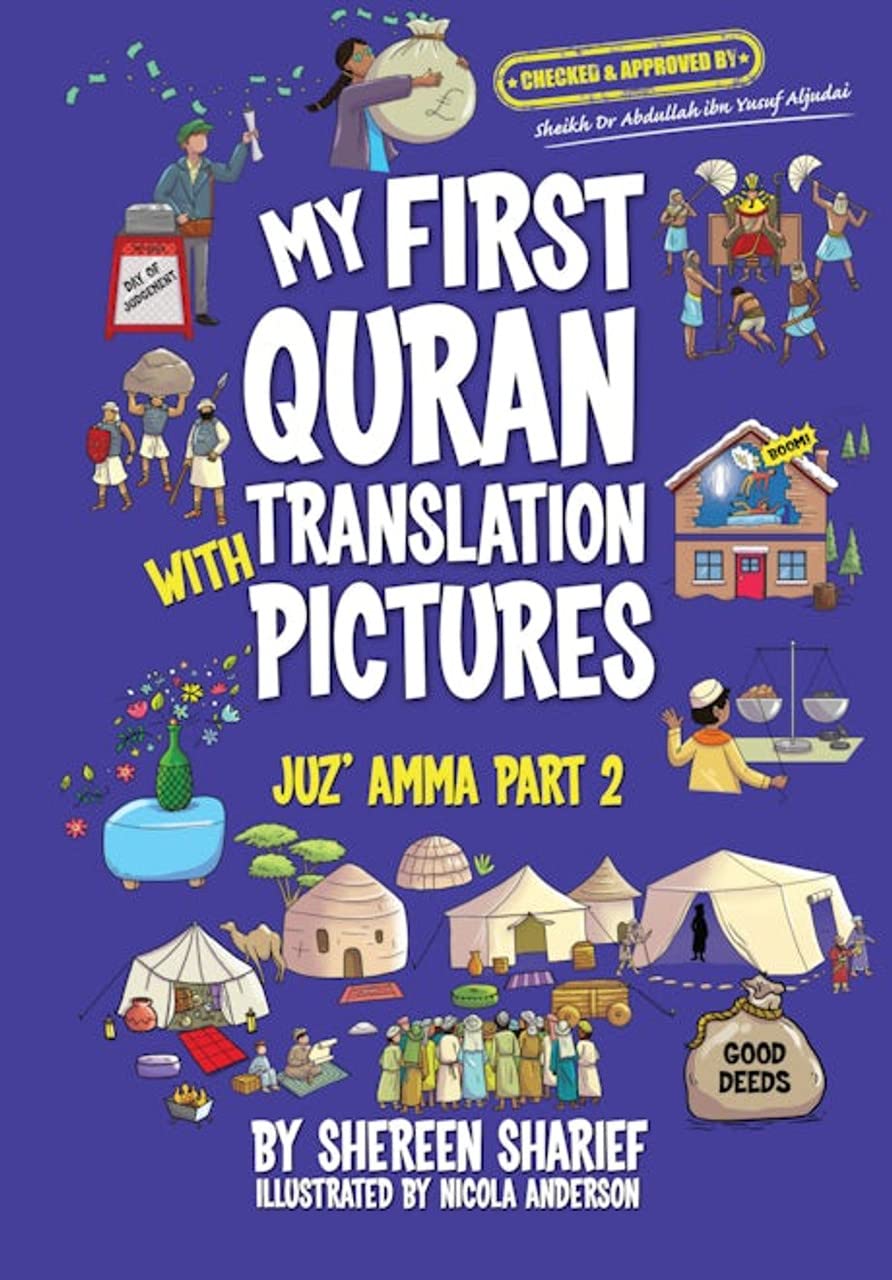 Book cover of 'My First Quran Translation with Pictures' on a blue background