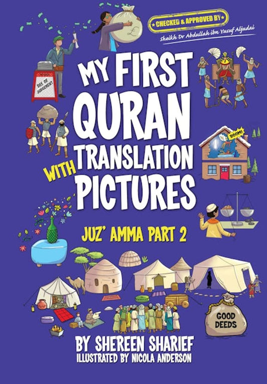 Book cover of 'My First Quran Translation with Pictures' on a blue background