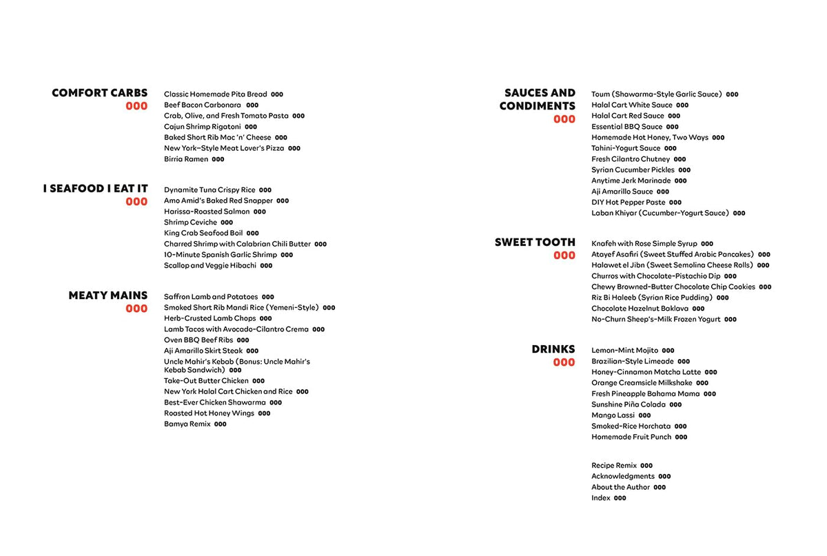 A minimalist black-and-white printed menu page with bold section headings reading Comfort Cars, I Seafood I Eat It, Meaty Mains, Sauces and Condiments, Sweet Tooth, and Drinks, plus a list of food and drink items with small price marks.