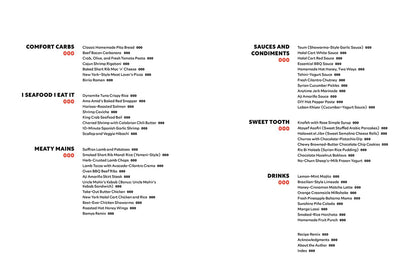 A minimalist black-and-white printed menu page with bold section headings reading Comfort Cars, I Seafood I Eat It, Meaty Mains, Sauces and Condiments, Sweet Tooth, and Drinks, plus a list of food and drink items with small price marks.