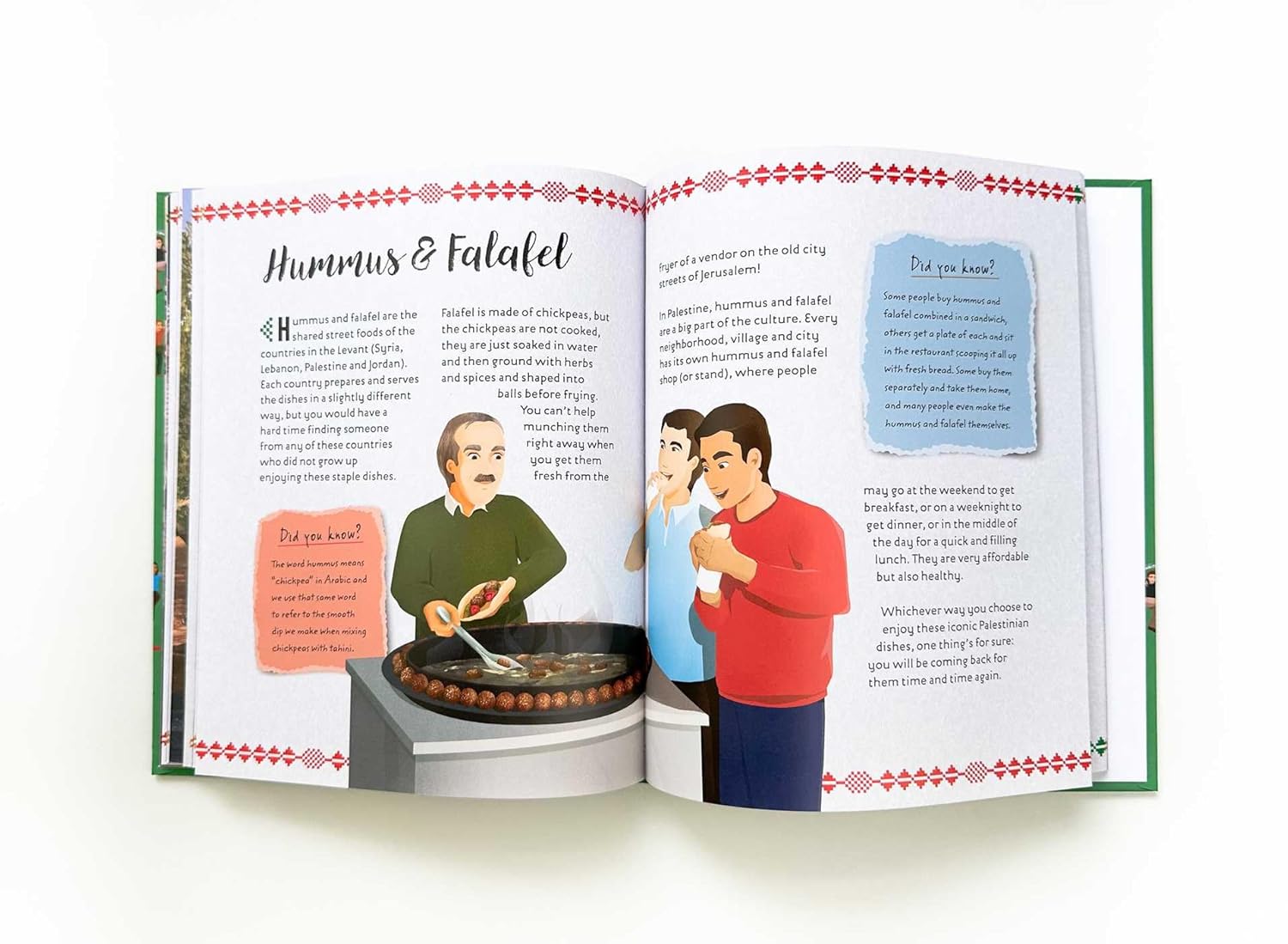 Open book showing a recipe for hummus and falafel with illustrations of people cooking.