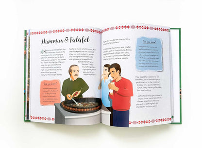 Open book showing a recipe for hummus and falafel with illustrations of people cooking.