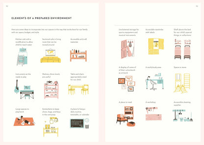 A two-page spread from a children's book or activity guide titled 'Elements of a Prepared Environment,' featuring illustrated furniture and objects with short text labels on a pale pink background.