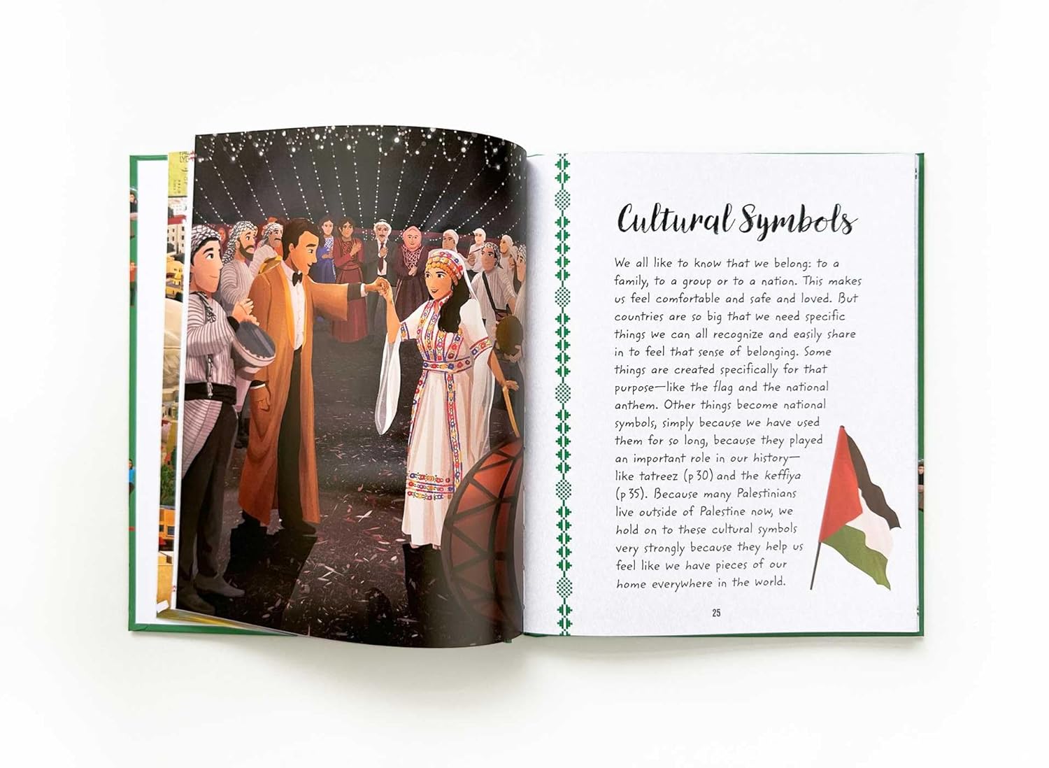 Open book showing a page with cultural symbols and a photo of people in traditional attire.