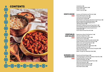A printed cookbook or recipe booklet page with a large cover photo of a rustic meat dish on the left and extensive table of contents text on the right, set against a tan background with blue floral border accents.