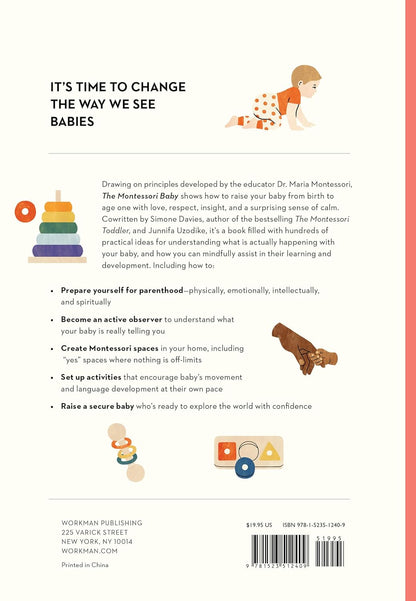 Back cover of a Montessori baby book by Horwath Publishing, featuring a white background with a coral-pink vertical stripe on the right. The cover includes the title 'IT'S TIME TO CHANGE THE WAY WE SEE BABIES,' descriptive text, bullet points, small Montessori-themed illustrations, and a barcode.