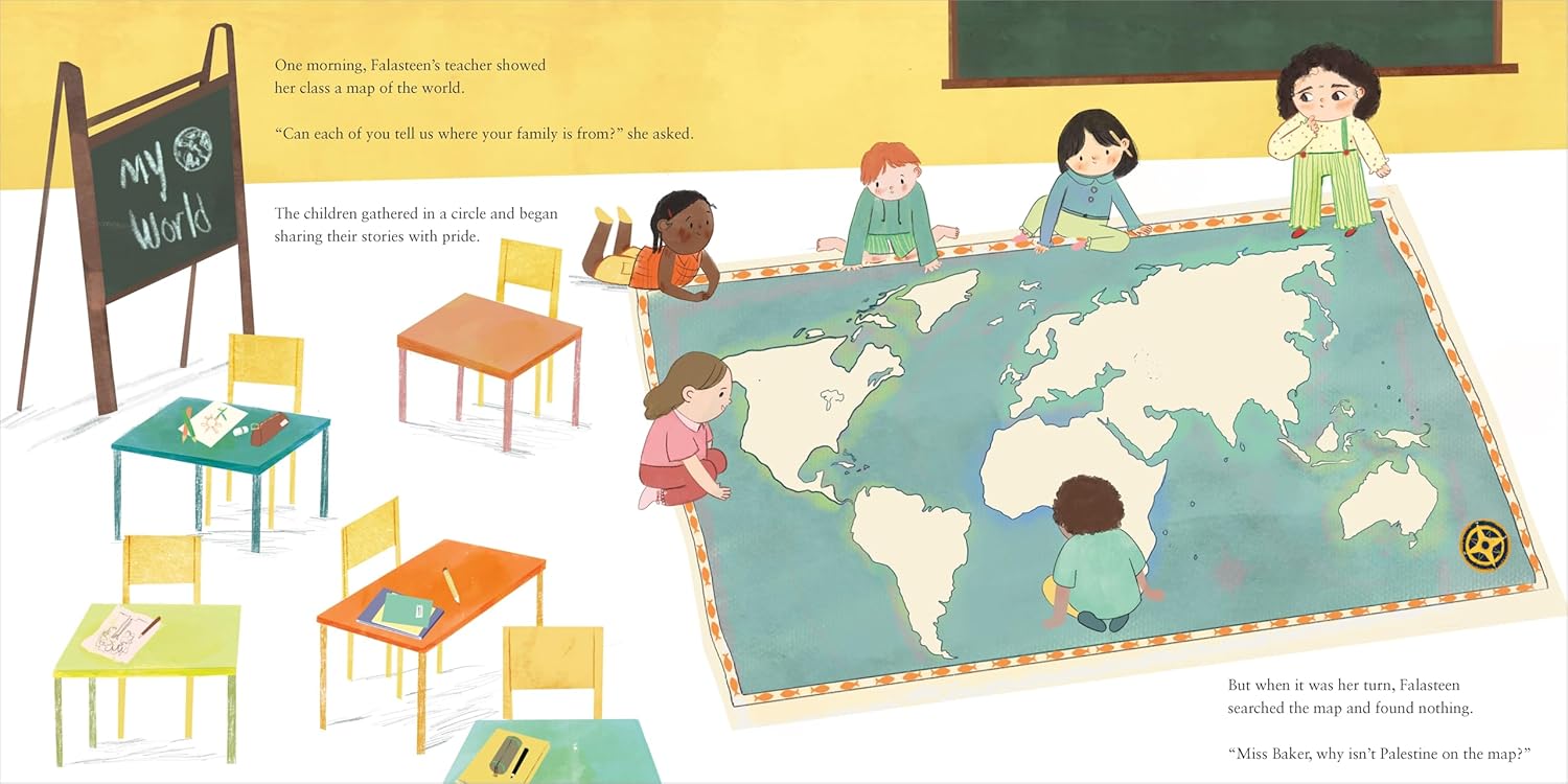 Illustration of children in a classroom with a world map on the floor.