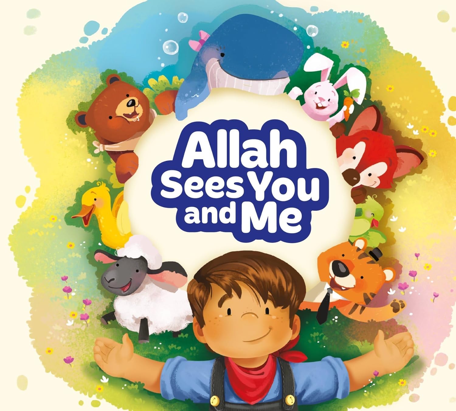 Children's book cover with cartoon characters and text 'Allah Sees You and Me'.