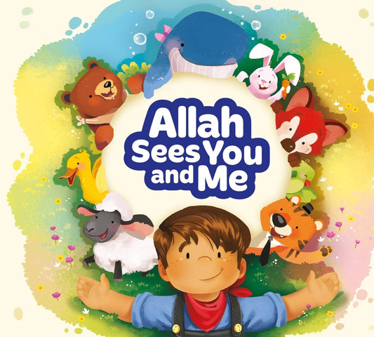 Children's book cover with cartoon characters and text 'Allah Sees You and Me'.