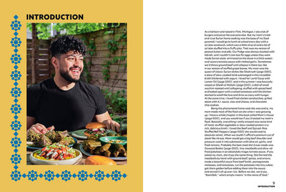 A two-page spread from a cookbook or recipe book, showing the 'Introduction' page with a photograph of a smiling Ahmad Alzahabi standing by a table laden with food, surrounded by recipe text and decorative yellow borders.