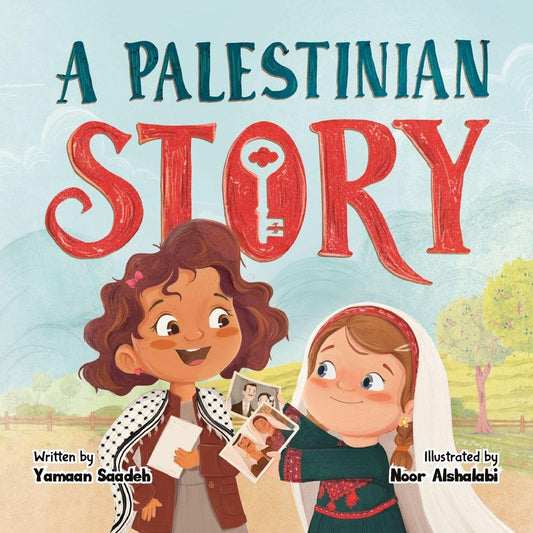Book cover of 'A Palestinian Story' with two illustrated characters holding photos of their grandparents from Palestine.