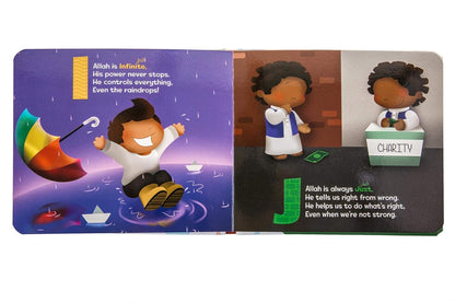 Children's book with illustrations and text about Allah, featuring a character with a rainbow umbrella and another with a box labeled 'Charity'.