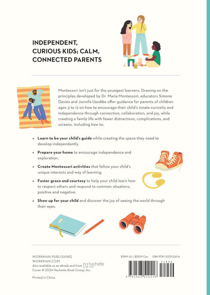 Back cover of a Montessori educational guide or booklet from Worxham Publishing, featuring a white background with black text, a teal vertical band on the right, small illustrations of children and objects, and a barcode at the bottom.