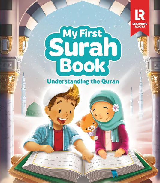 Book cover of 'My First Surah Book' by Learning Roots with two children reading a book.