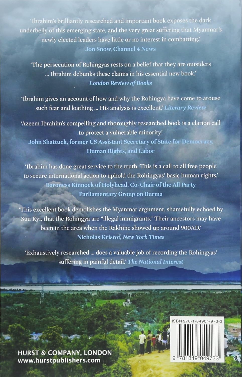 Book back cover with reviews and text about a book on Rohingyas, featuring a scenic image.