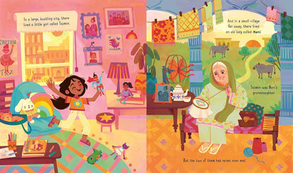 Illustrated book pages showing a girl in a colorful room and an old woman in a village setting.