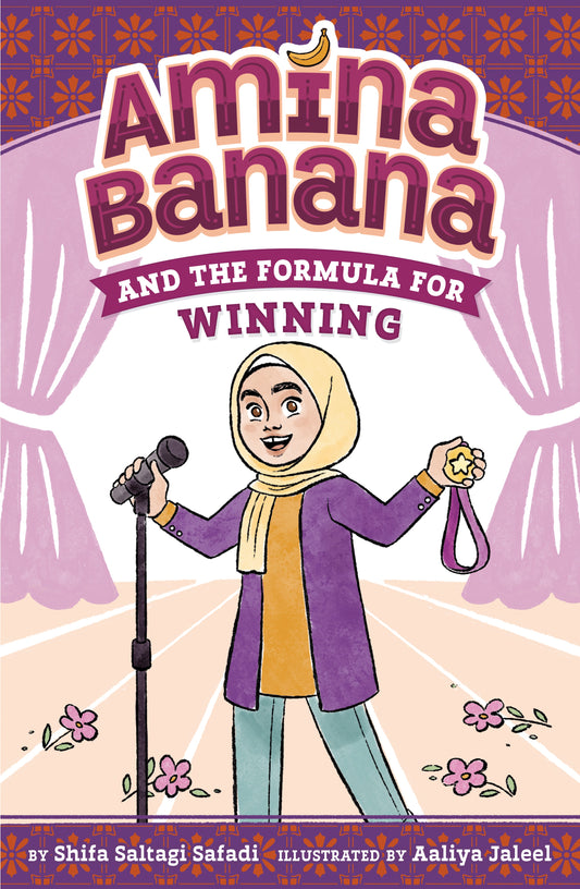 Book cover of 'Amina Banana and the Formula for Winning' with a character holding a microphone and a banana.