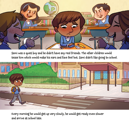Cartoon of a boy walking to school with text about his experiences at school.