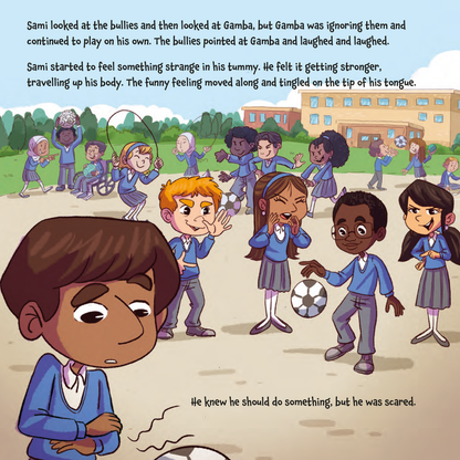 Illustration of children playing soccer with text about bullying and a child feeling scared.