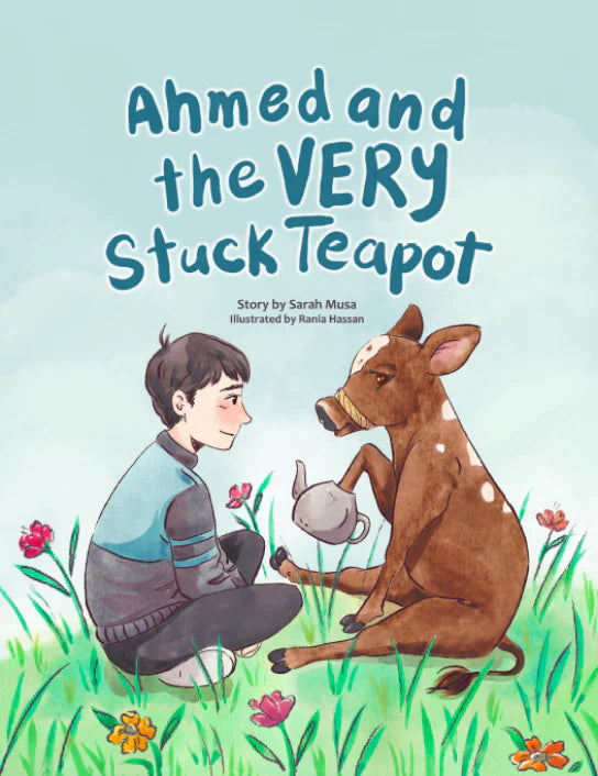 Boy with a calf that has a teapot stuck to it's hoof.