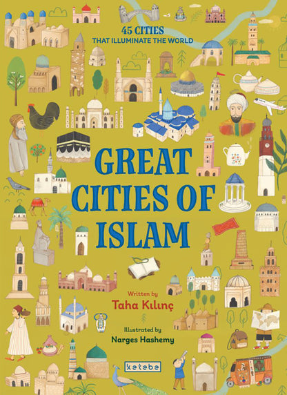 Book cover of 'Great Cities of Islam' with illustrations of buildings and people on a green background.