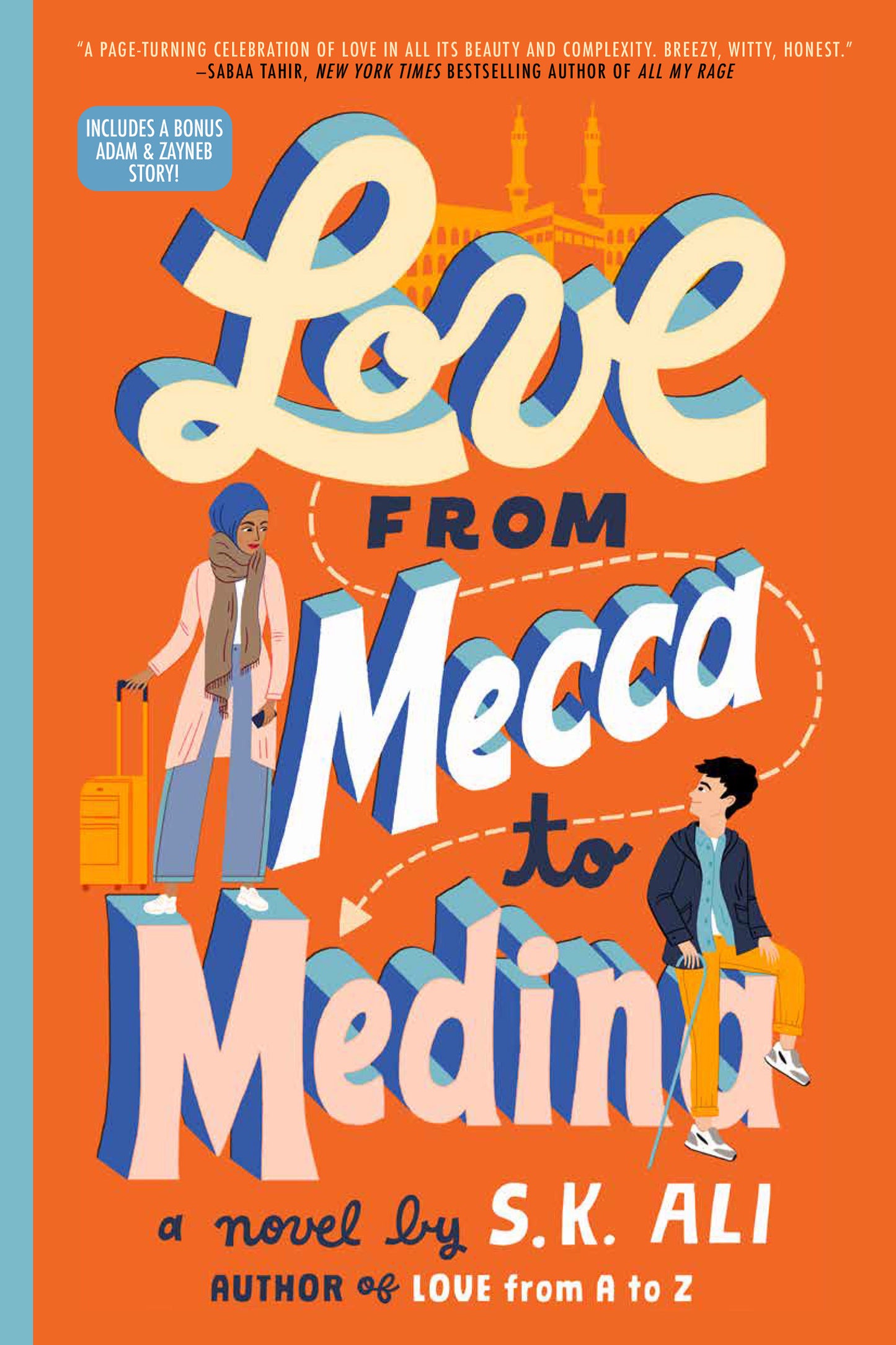 Book cover of 'Love from Mecca to Medina' with two people and an orange background