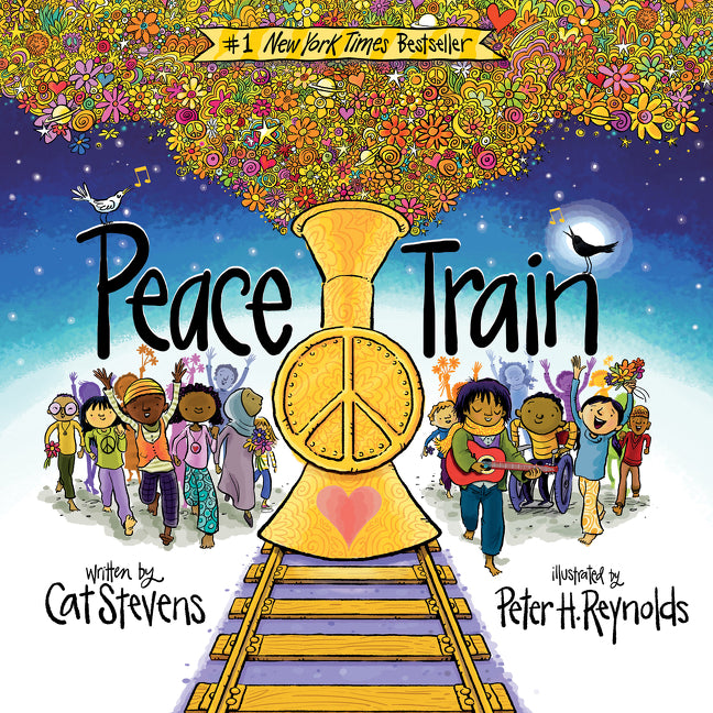 Book cover of 'Peace Train' with children on a train and colorful flowers above.