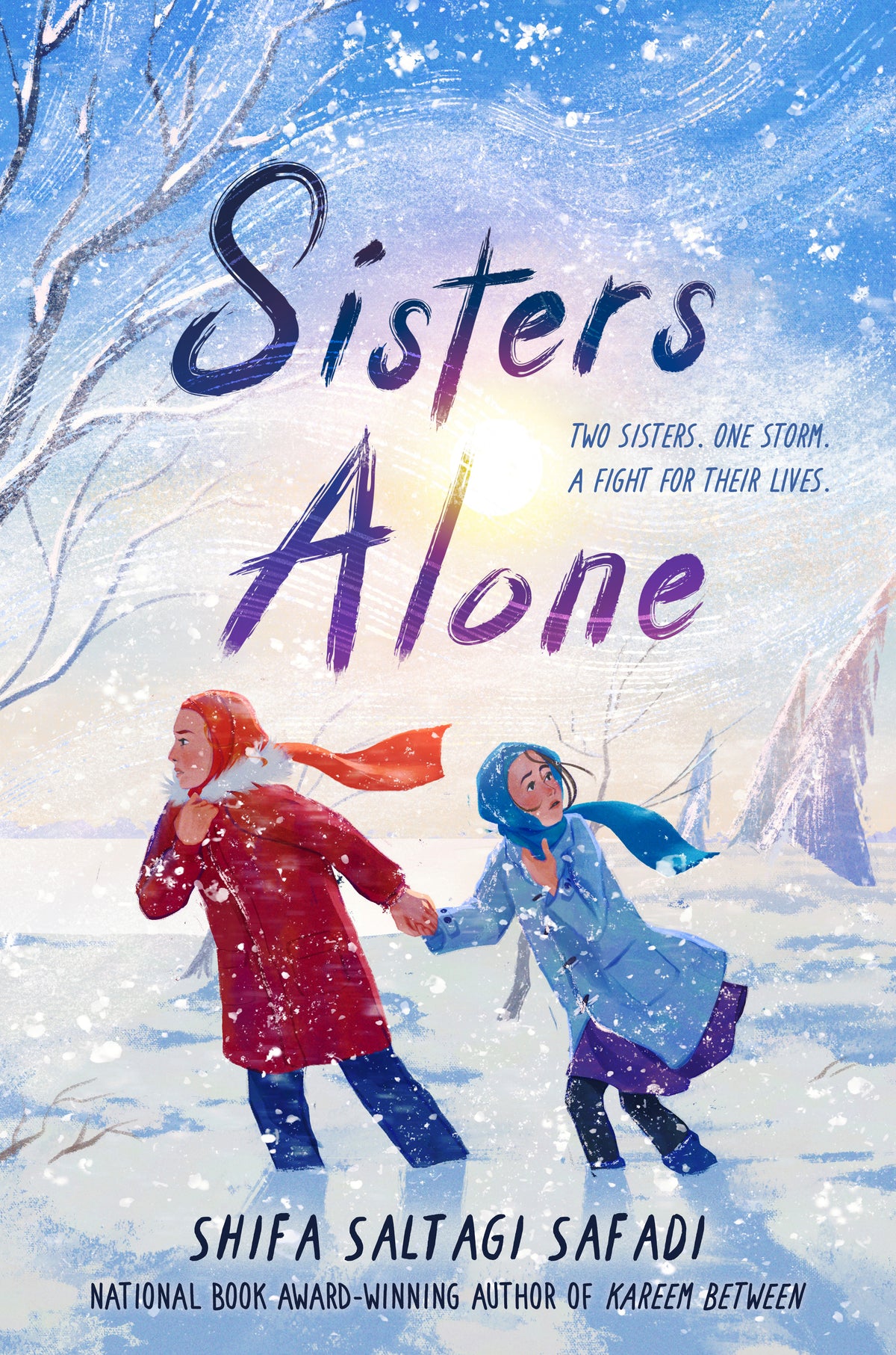 Book cover of 'Sisters Alone' with two sisters holding hands in a snowy landscape.