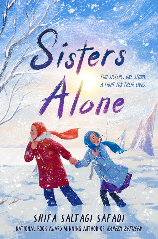 Book cover of 'Sisters Alone' with two sisters holding hands in a snowy landscape.