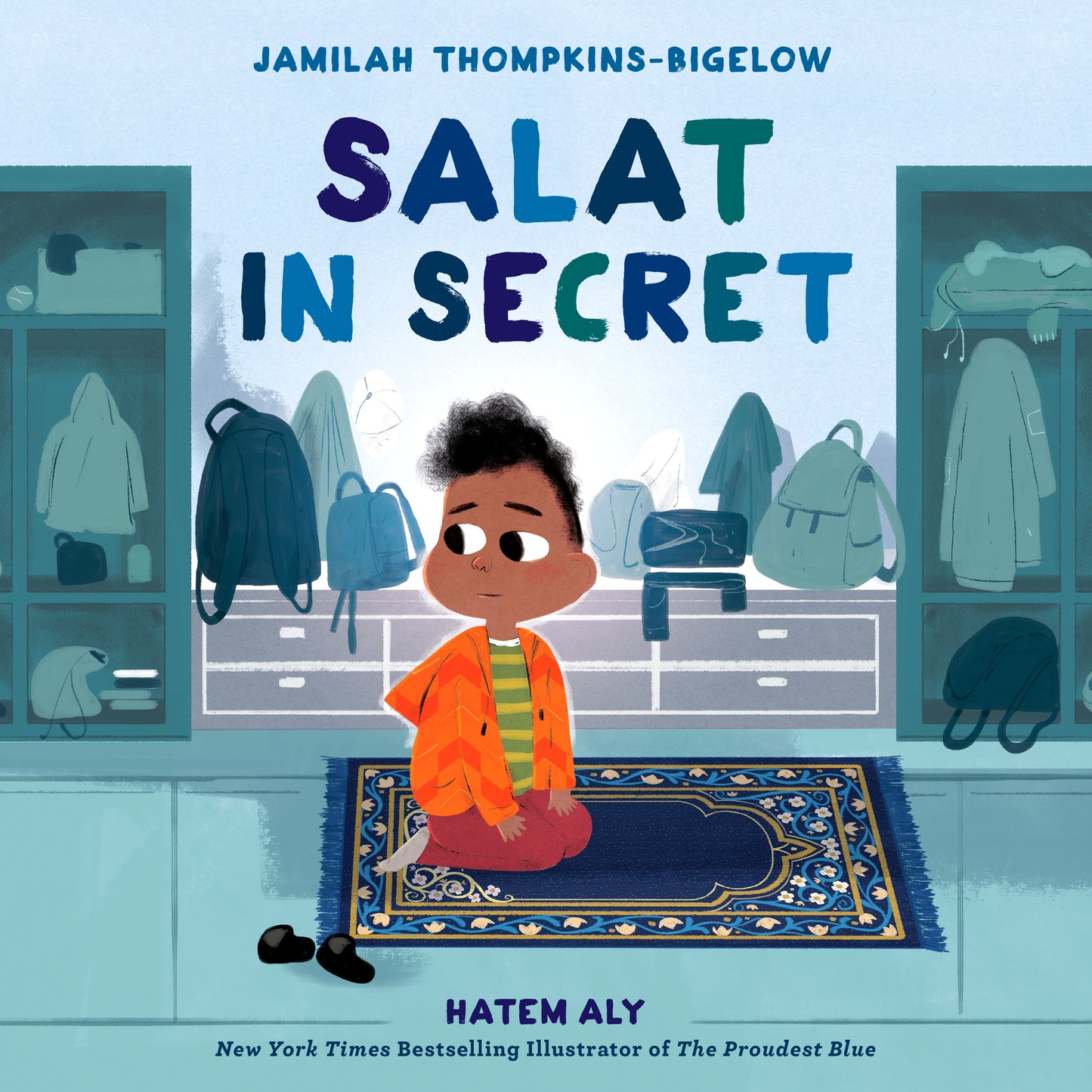 Book cover of 'Salat in Secret' with a child praying on a rug in a room.